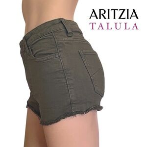 Aritzia Talula Short Shorts Cut Off Raw Hem Branded Throughout Army Green
